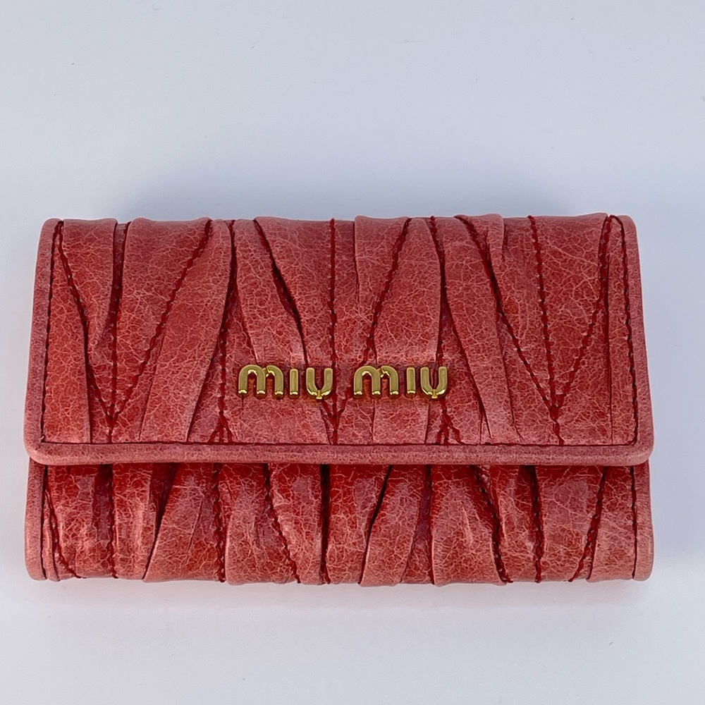 MIU MIU Matelasse Wallet Key Holder Leather Red Authentic Gold Hardware